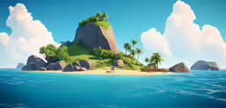 there are palm trees, rocks and a sailboat on a tropical island