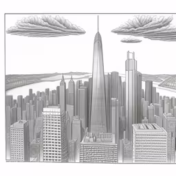 a pencil drawing of a skyline with skyscrapers and cloudy skies,pencil drawing of city buildings with clouds over water