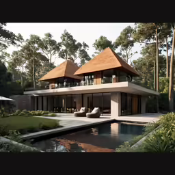 there is a pool outside a home in the woods