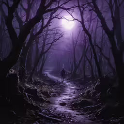 a man in the woods at night looking up towards the light