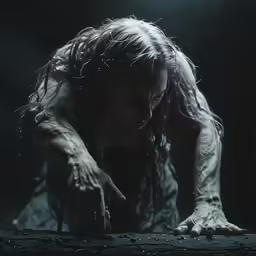 a woman with long hair and makeup holding her hands above a table