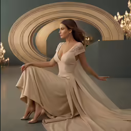 a woman in a gown sits on a chair