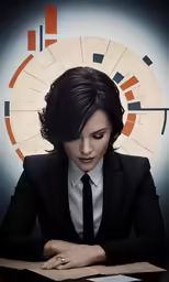 a woman with a black suit on at a table