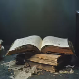 an old book sitting on top of several books