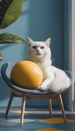 a cat sitting on a chair next to a citrus