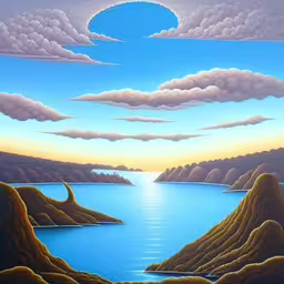 this is an image of a painting on the canvas,a large painting shows the ocean at sunset,painting of water with mountains in the background,an image of a painting with clouds and water,the painting is titled the end of the day