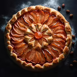 the pastry has been decorated with sliced peaches