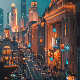 a cityscape with traffic and buildings at night