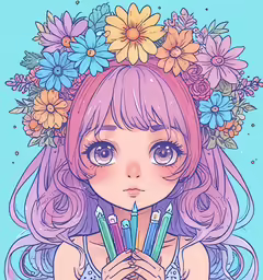 a girl wearing a flower wreath with colorful pencils