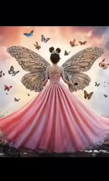 the woman is wearing a dress made out of butterflies