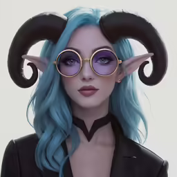 a woman with blonde hair and long horns in glasses