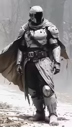 a costumed man in a star wars suit walks through a snow covered path