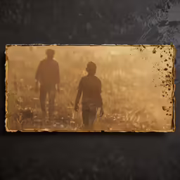 two people are walking through a field under an umbrella