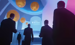 four men in business attire look at a large digital display