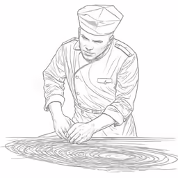 a man in an apron is working on a plate with some food