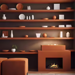 a fireplace that has a brown book shelf with dishes on it
