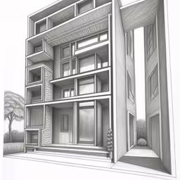 a drawing of a house that is made out of two parts of a building,a pencil drawing of a house with a front porch