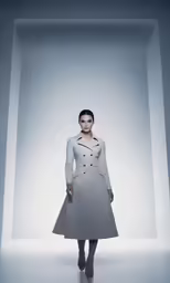woman in trench coat posing in an empty room