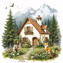 a house with two people and a cat in front of it
