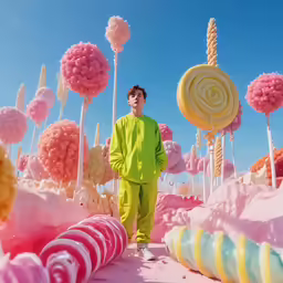 a man standing on a field covered in candy