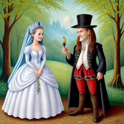 a painting of a man and woman in wedding dress,a woman in a wedding dress and a man in a top hat