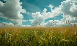 a grassy field with a cloudy blue sky behind it
