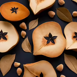 the leaves and nuts of an apple are displayed