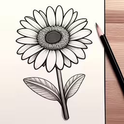 a drawing with a sunflower on top and a pencil next to it,a drawing of a flower and a pencil on a white paper
