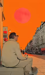 a man sitting on a street bench with an orange sky