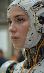a woman with an artificial face and head covering