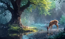 a deer drinking water by a tree and a stream