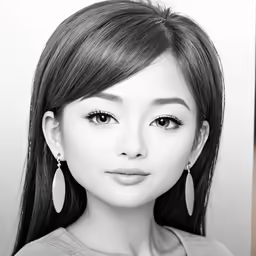 a black and white photo of a girl with long hair and big earrings
