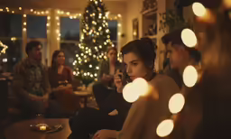 a group of people sitting around in front of a christmas tree