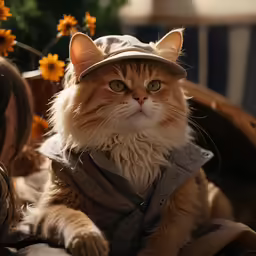 a girl in a hat and grey sweater sits on a bench with a cat