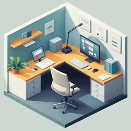 a flat lay office desk with chairs, a computer monitor, books and paperwork on it
