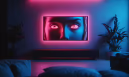 a black tv in a living room with red eyes