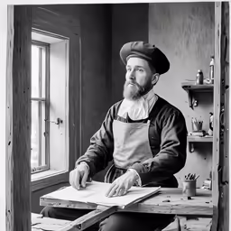 a man in an apron and hat is sitting at a desk and smiling