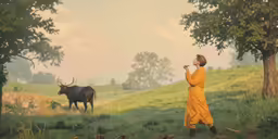 woman in yellow dress walking on hill with cow grazing
