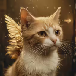 an angel cat is standing by itself on the edge of a chair