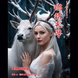 a girl with white hair and a deer in front of a photo
