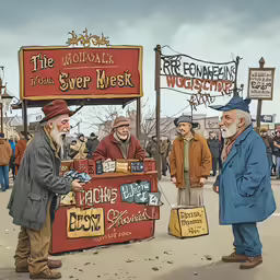 two men with different types of signs stand near each other