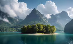 there is a small island surrounded by mountains