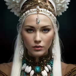 a girl in a white outfit with a green feather