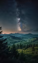 a forest scene with the stars over the mountains