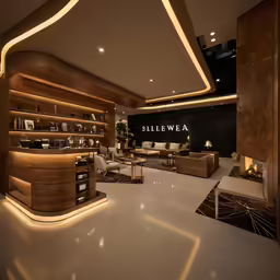 modern lobby with a large counter and wooden accents