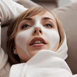 a woman with some face masks on laying on the couch