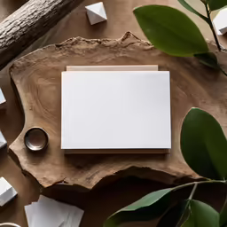 an empty card on a wooden surface with some green leaves