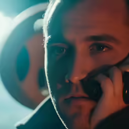 a man on the phone in front of some round objects