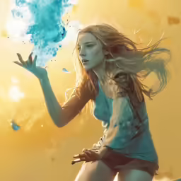 the girl is flying through the sky with blue smoke