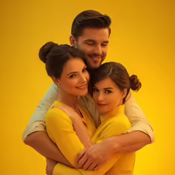 a man hugs a woman in the studio